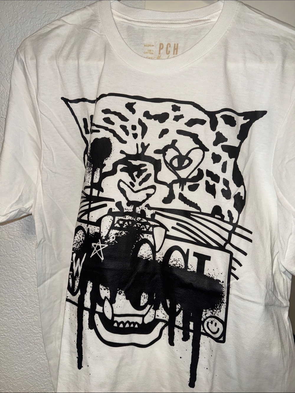 White Short Sleeve Tee with Black Leopard Graphic - Picture 2 of 5